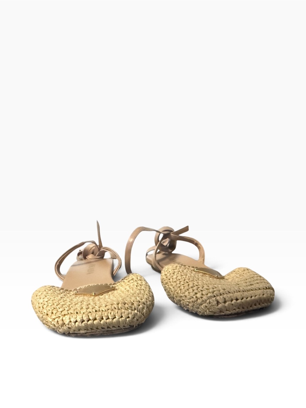 Prada Triangle Logo Natural Raffia Straw Woven Wrap Up Sandals Tan EU 40 - Picture 5 of 10